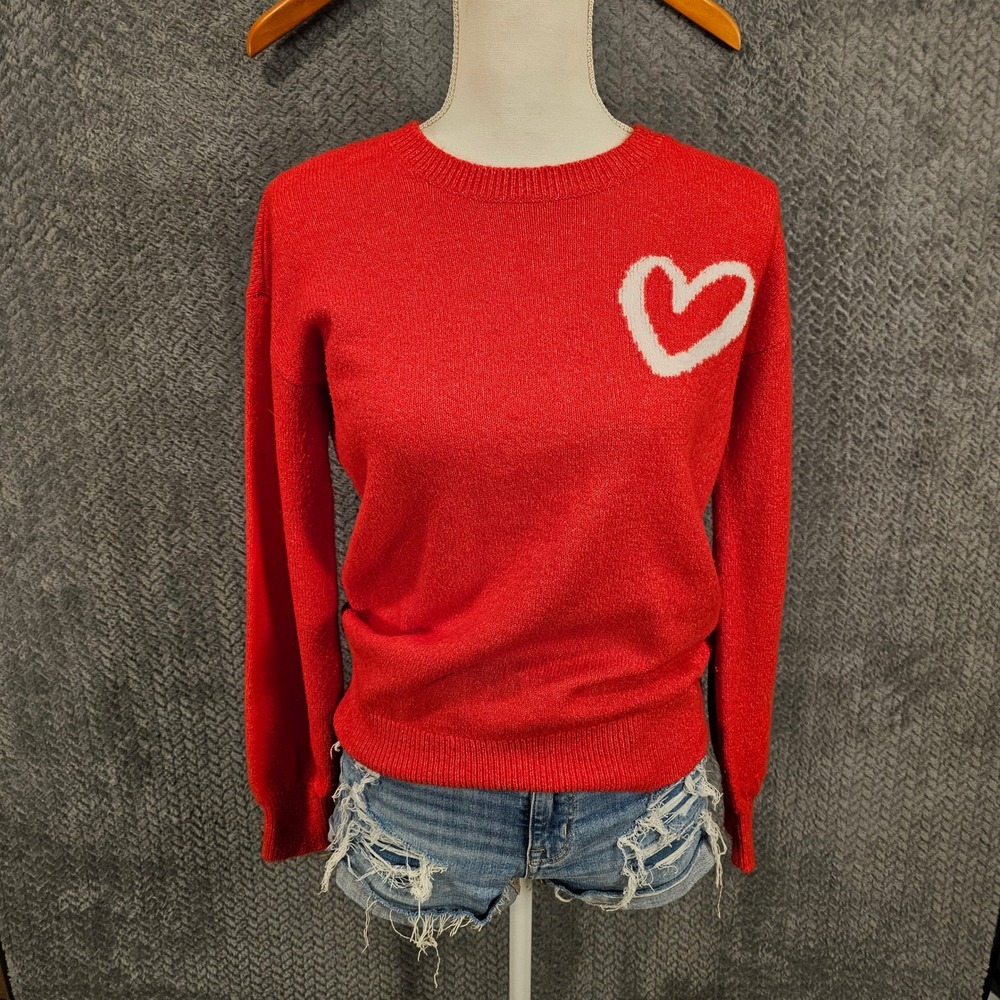 LOFT Petites Red Heart Crewneck Sweater Small Petite Long Sleeve Pullover